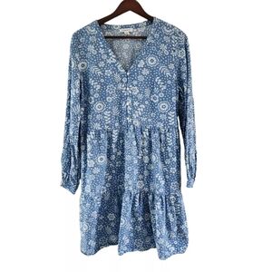 BeachLunchLounge Blue Floral Boho Dess Tiered Ruffle Dress Size S